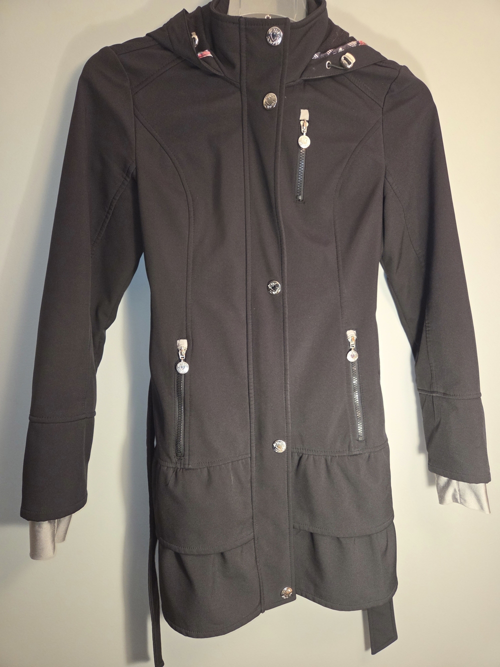 Betsey Johnson Hooded Softshell Coat Jacket Black Floral Trim Women's Small.
